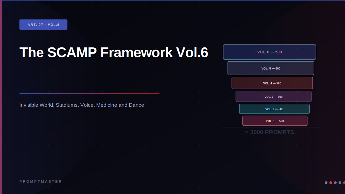 The SCAMP Framework Vol.6: Invisible World, Stadiums, Voice, Medicine and Dance Prompts