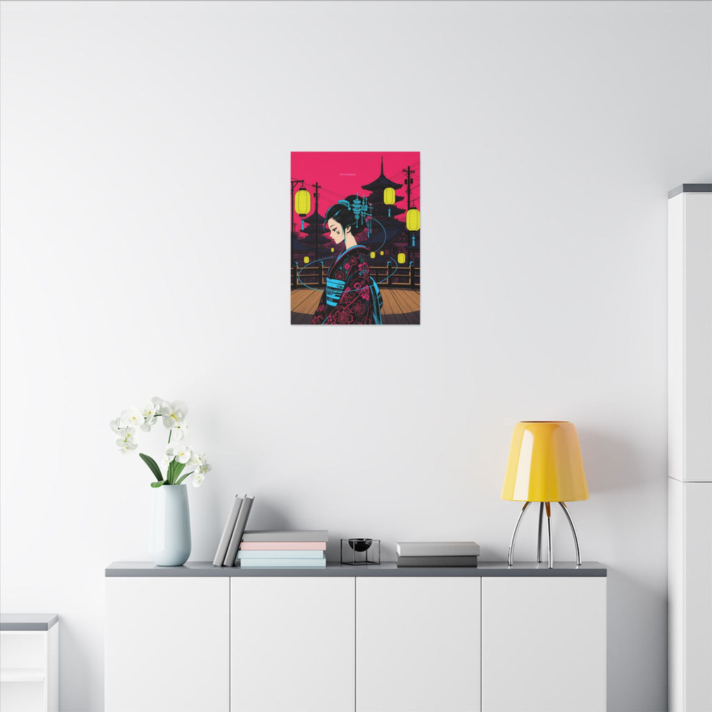 Lantern Bridge Geisha canvas hanging above a dark gaming desk with neon lighting, view 5 of 8
