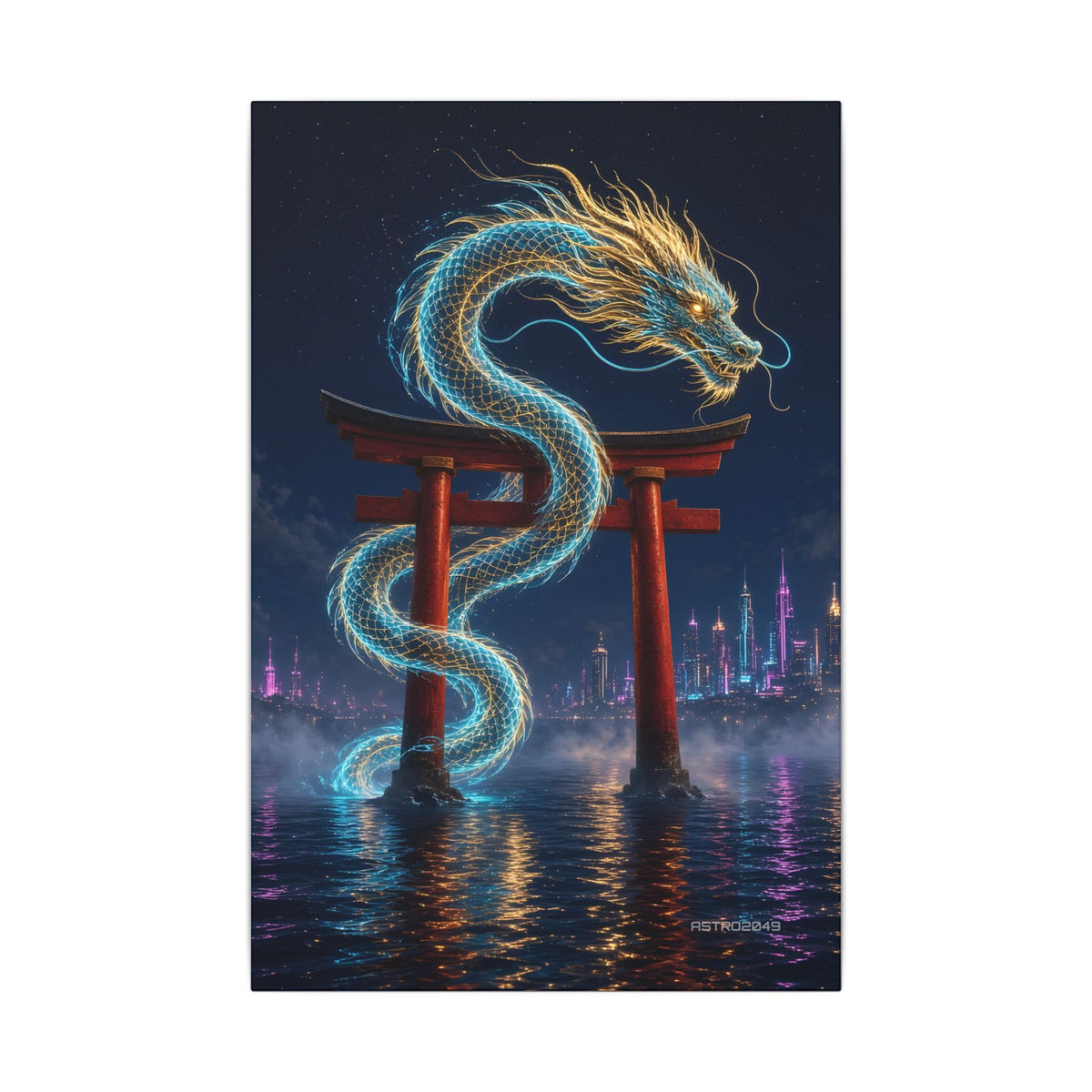 Tide Gate Dragon canvas hanging above a dark gaming desk with neon lighting, view 2 of 8