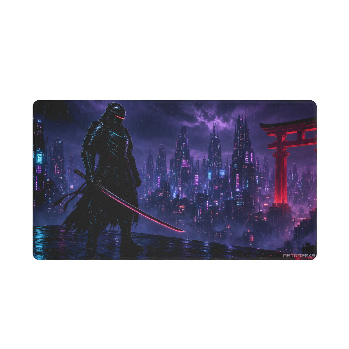 Crimson Gate Ronin stitched edge desk mat, 24 x 14 in – a neon samurai on a rainy rooftop by a red torii gate, original cyberpunk samurai art by ASTRO2049