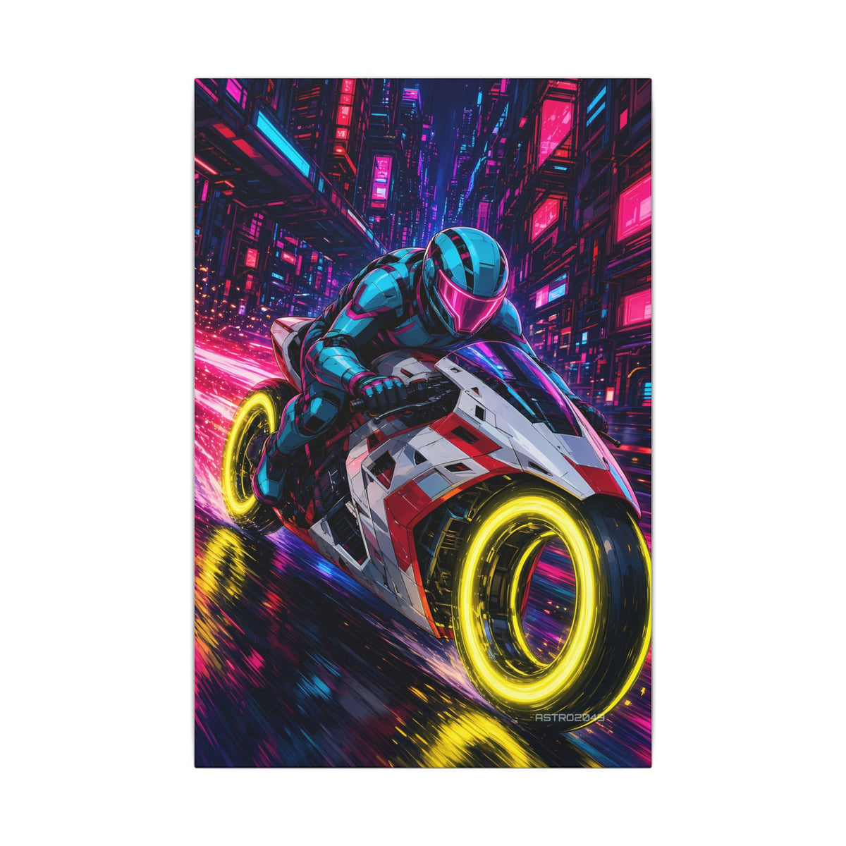 Hyperlane Rider canvas hanging above a dark gaming desk with neon lighting, view 2 of 8