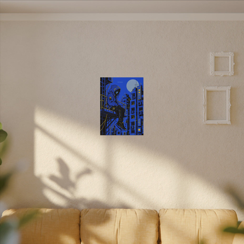 Fire Escape Netrunner canvas hanging above a dark gaming desk with neon lighting, view 4 of 8