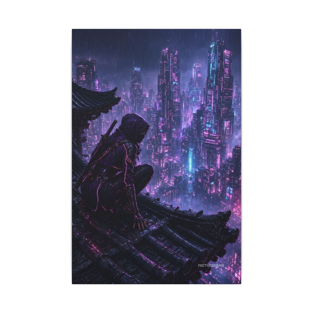 Neon Rooftop Kunoichi canvas hanging above a dark gaming desk with neon lighting, view 2 of 8