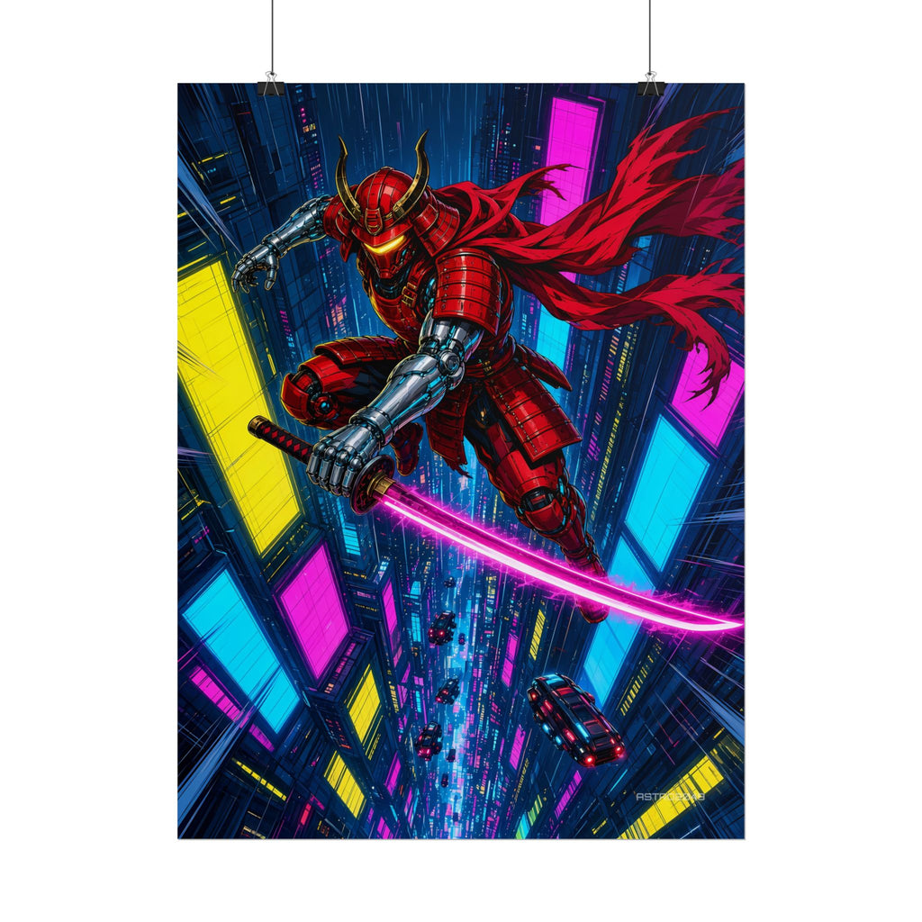 Skyfall Chrome Samurai poster hanging above a dark gaming desk with neon lighting, view 6 of 8