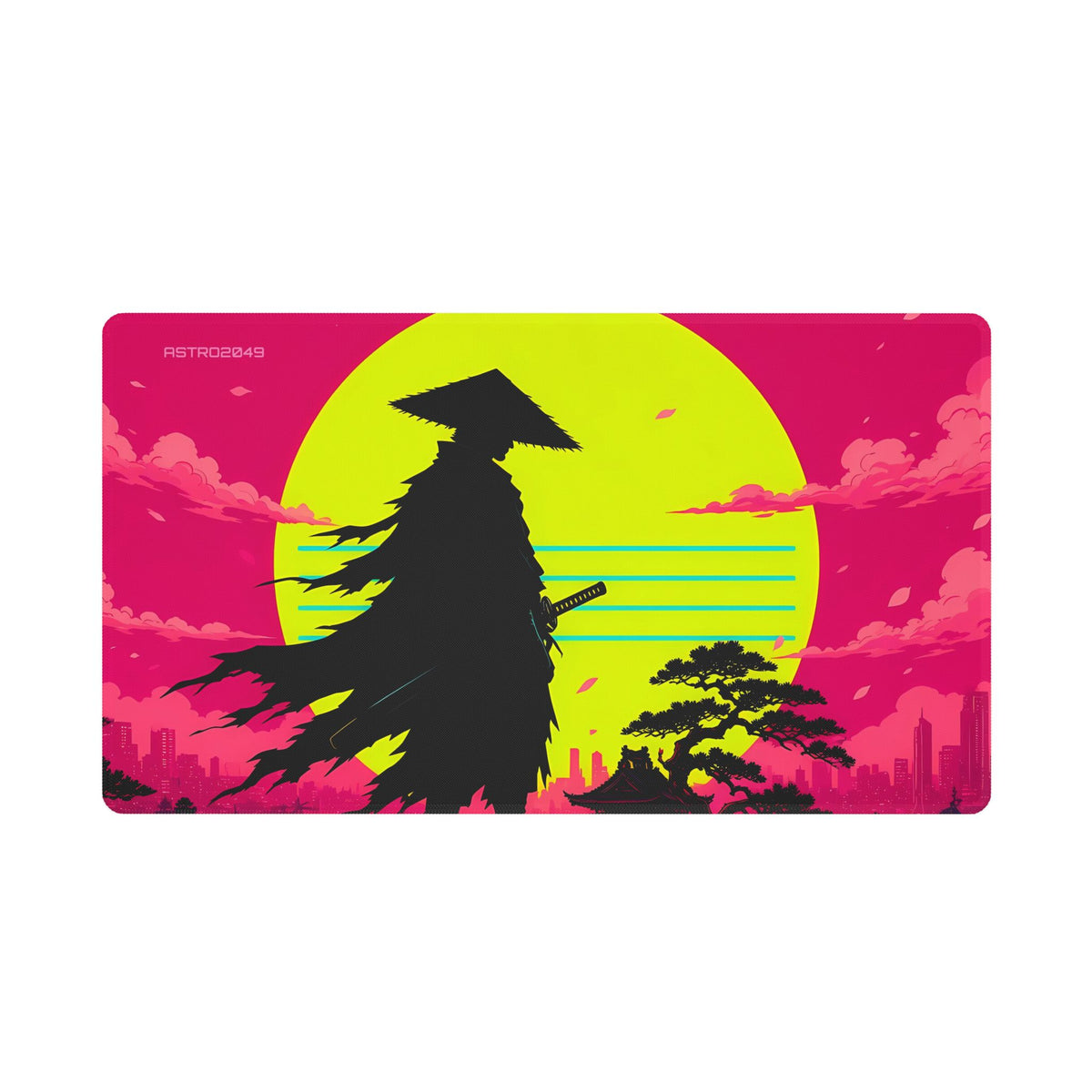 Anime-style silhouette of a ronin in a straw hat and flowing cloak in front of a giant acid-yellow retrowave sun over a magenta sky and city, desk mat by ASTRO2049