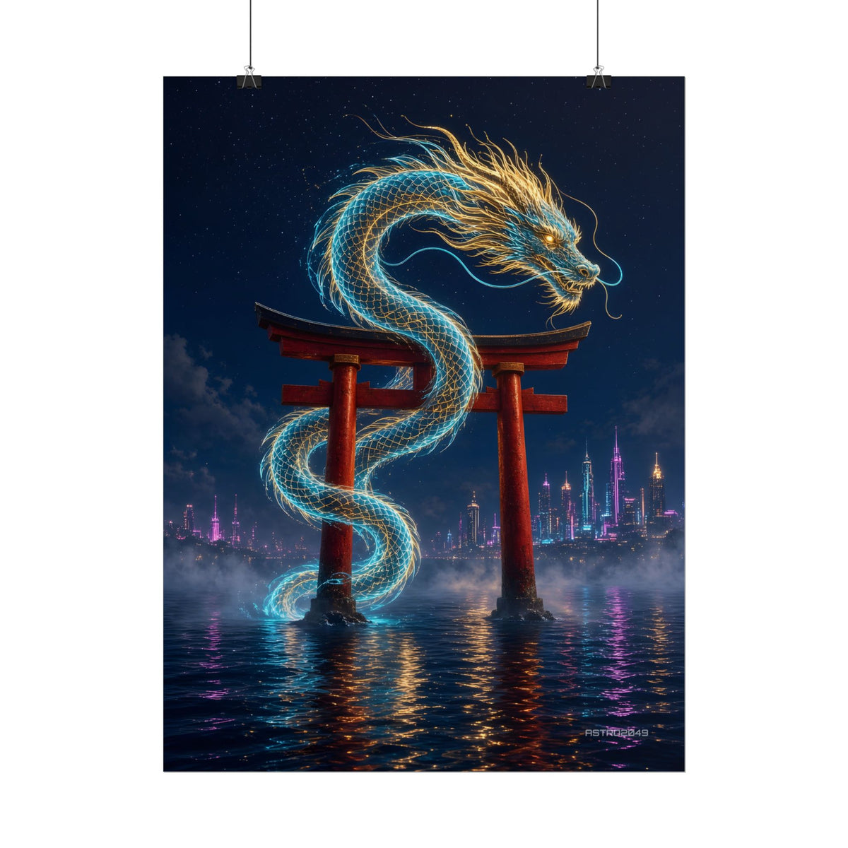 Tide Gate Dragon poster hanging above a dark gaming desk with neon lighting, view 6 of 8