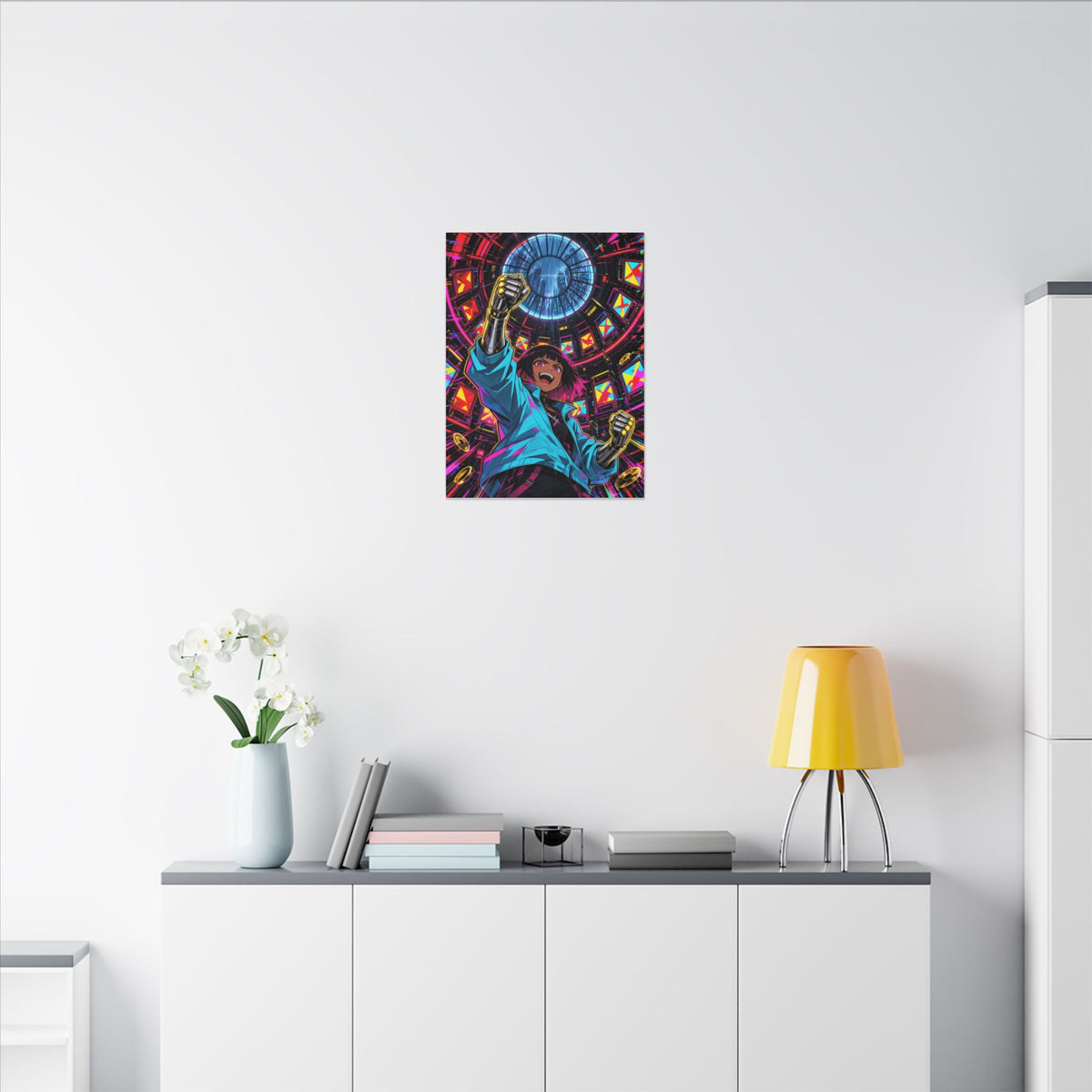 Arcade Nights 2049 canvas hanging above a dark gaming desk with neon lighting, view 5 of 8