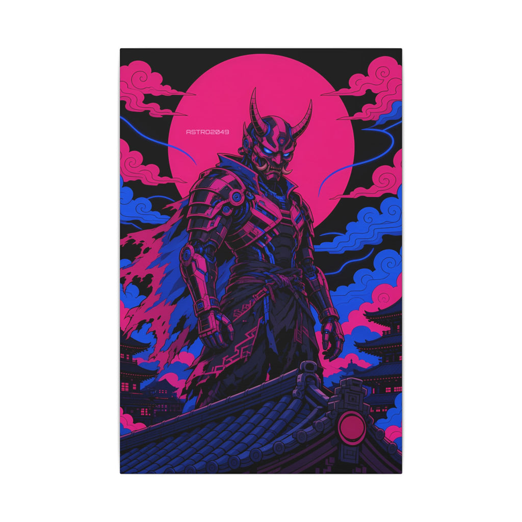 Temple Roof Oni Warlord canvas hanging above a dark gaming desk with neon lighting, view 2 of 8