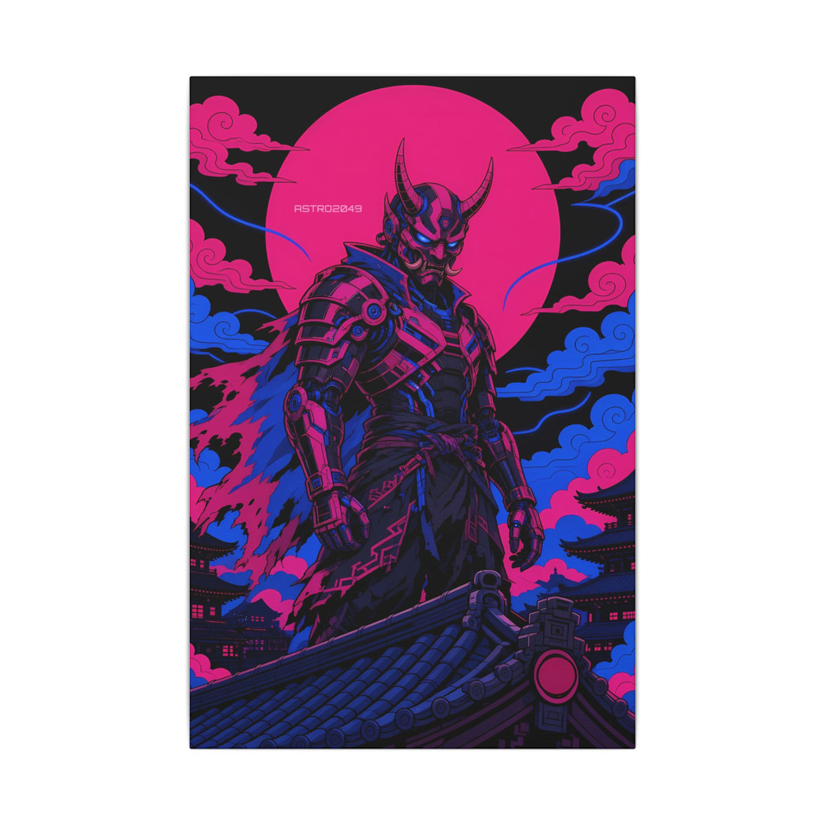 Temple Roof Oni Warlord canvas hanging above a dark gaming desk with neon lighting, view 2 of 8