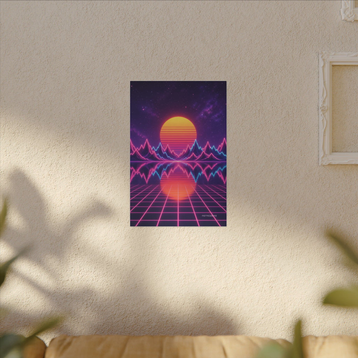 Waveform Sunset canvas hanging above a dark gaming desk with neon lighting, view 7 of 8