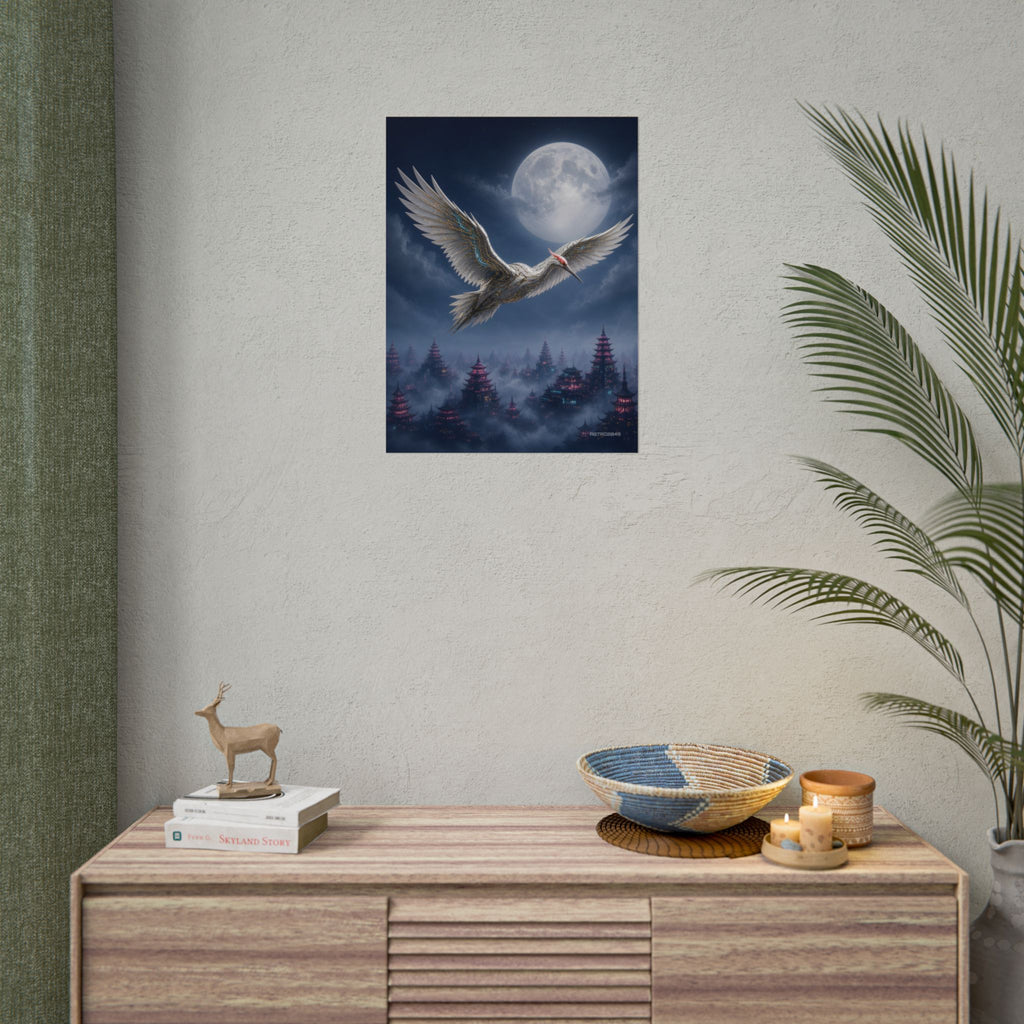 Moon Circuit Crane poster hanging above a dark gaming desk with neon lighting, view 8 of 8
