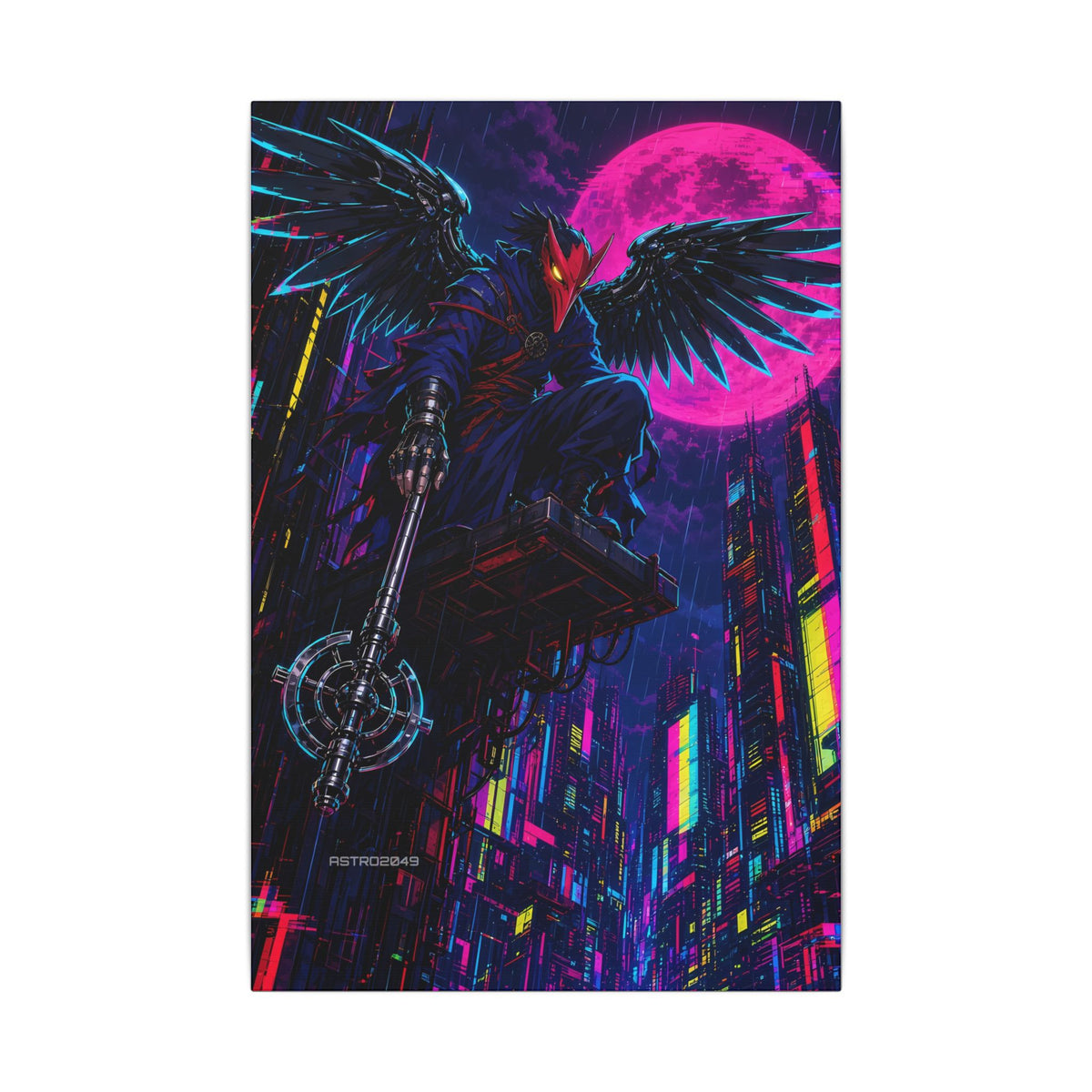 Chrome Tengu Sentinel canvas hanging above a dark gaming desk with neon lighting, view 2 of 8