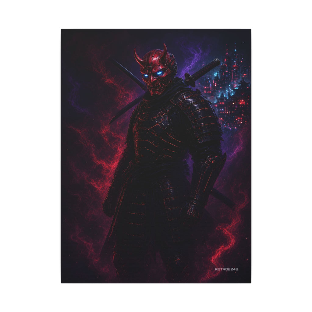 Vertical neon art of a cyber samurai in dark armour and a glowing red oni mask in front of a night megacity, canvas by ASTRO2049