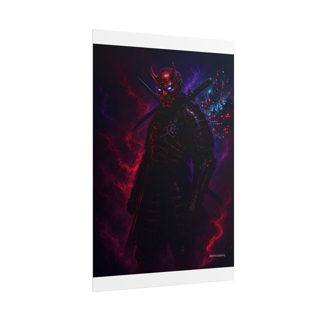 Oni Mask Ronin poster hanging above a dark gaming desk with neon lighting, view 4 of 8