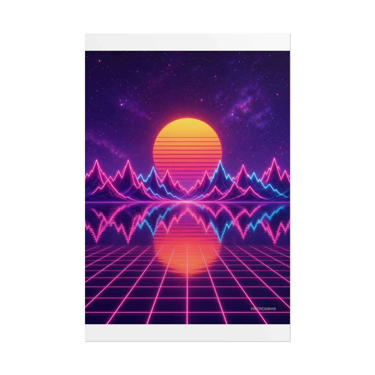 Vertical synthwave art of a huge striped sun setting behind waveform-shaped neon mountains and a calm violet sea, poster by ASTRO2049