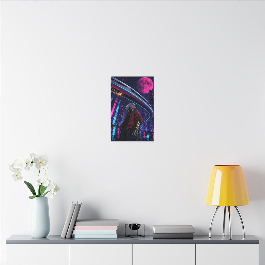 Midnight Monorail canvas hanging above a dark gaming desk with neon lighting, view 8 of 8