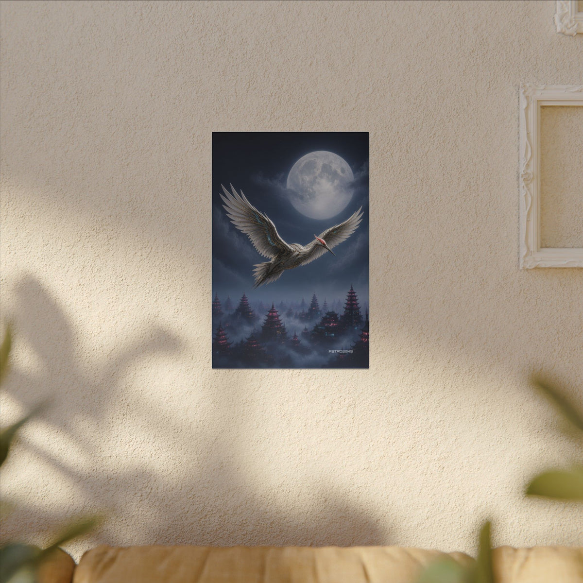 Moon Circuit Crane canvas hanging above a dark gaming desk with neon lighting, view 7 of 8