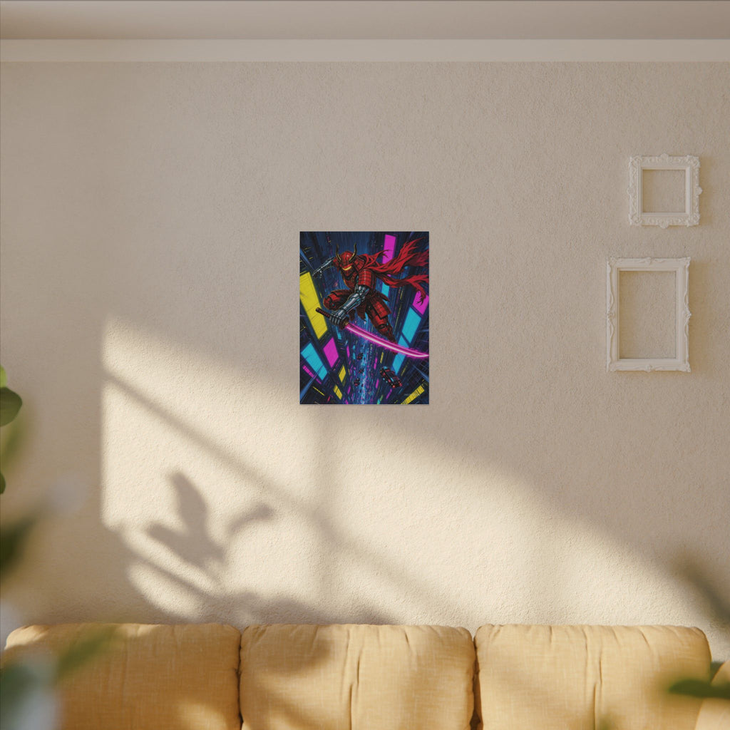 Skyfall Chrome Samurai canvas hanging above a dark gaming desk with neon lighting, view 4 of 8