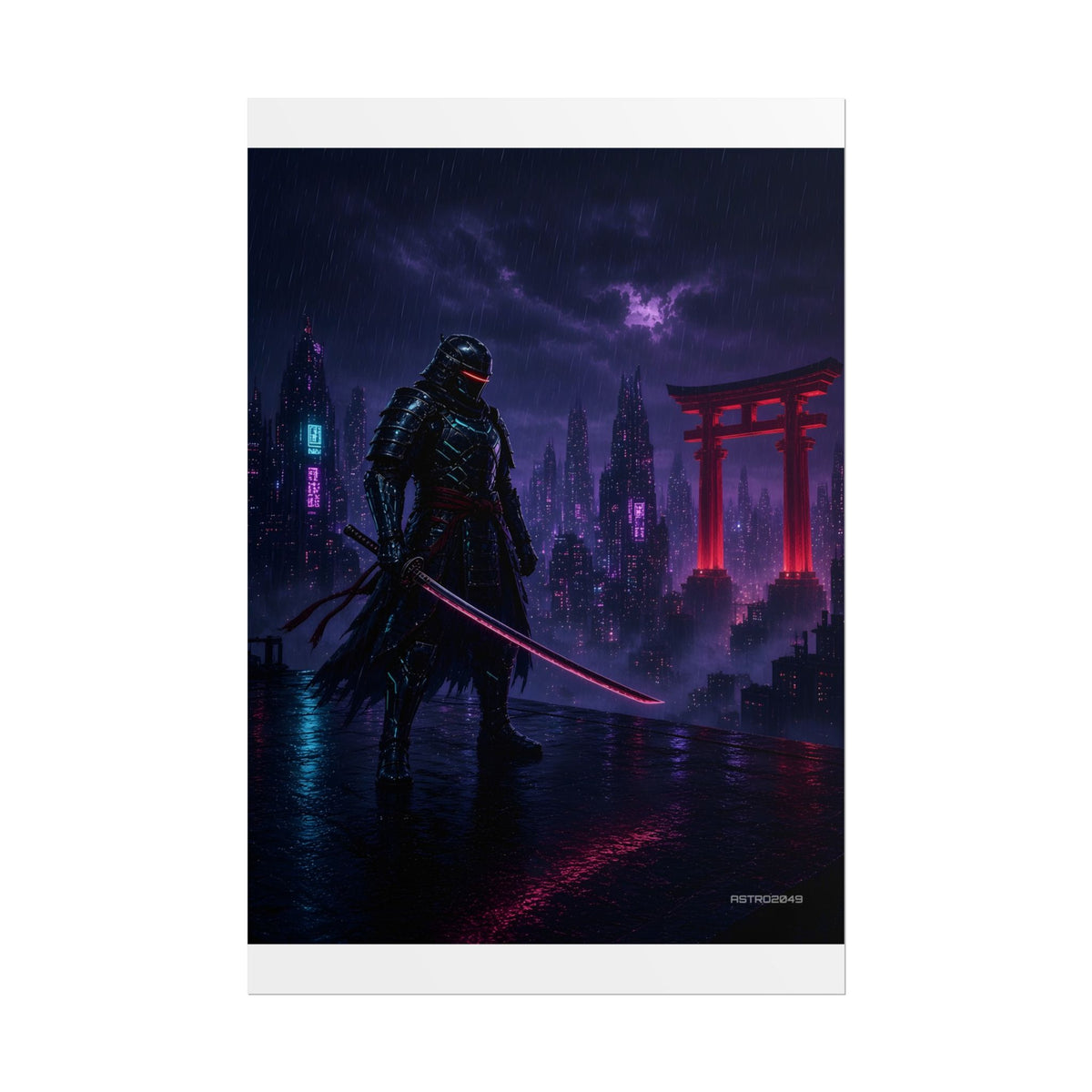 Crimson Gate Ronin matte poster, 12 x 18 in – a neon samurai on a rainy rooftop by a red torii gate, original cyberpunk samurai art by ASTRO2049