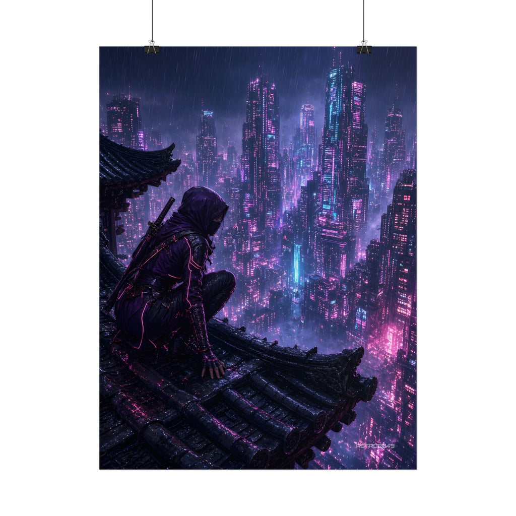 Neon Rooftop Kunoichi poster hanging above a dark gaming desk with neon lighting, view 6 of 8