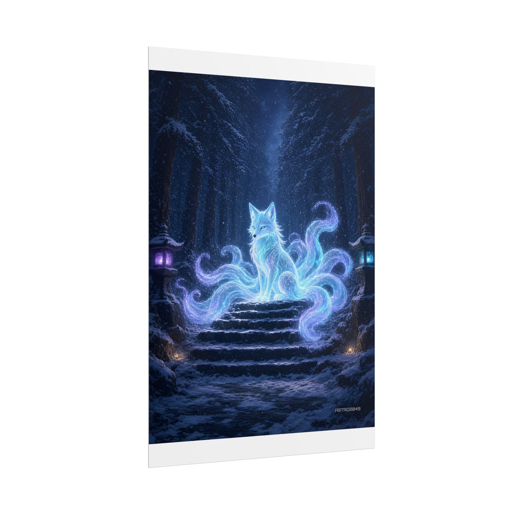 Snow Shrine Kitsune poster hanging above a dark gaming desk with neon lighting, view 4 of 8