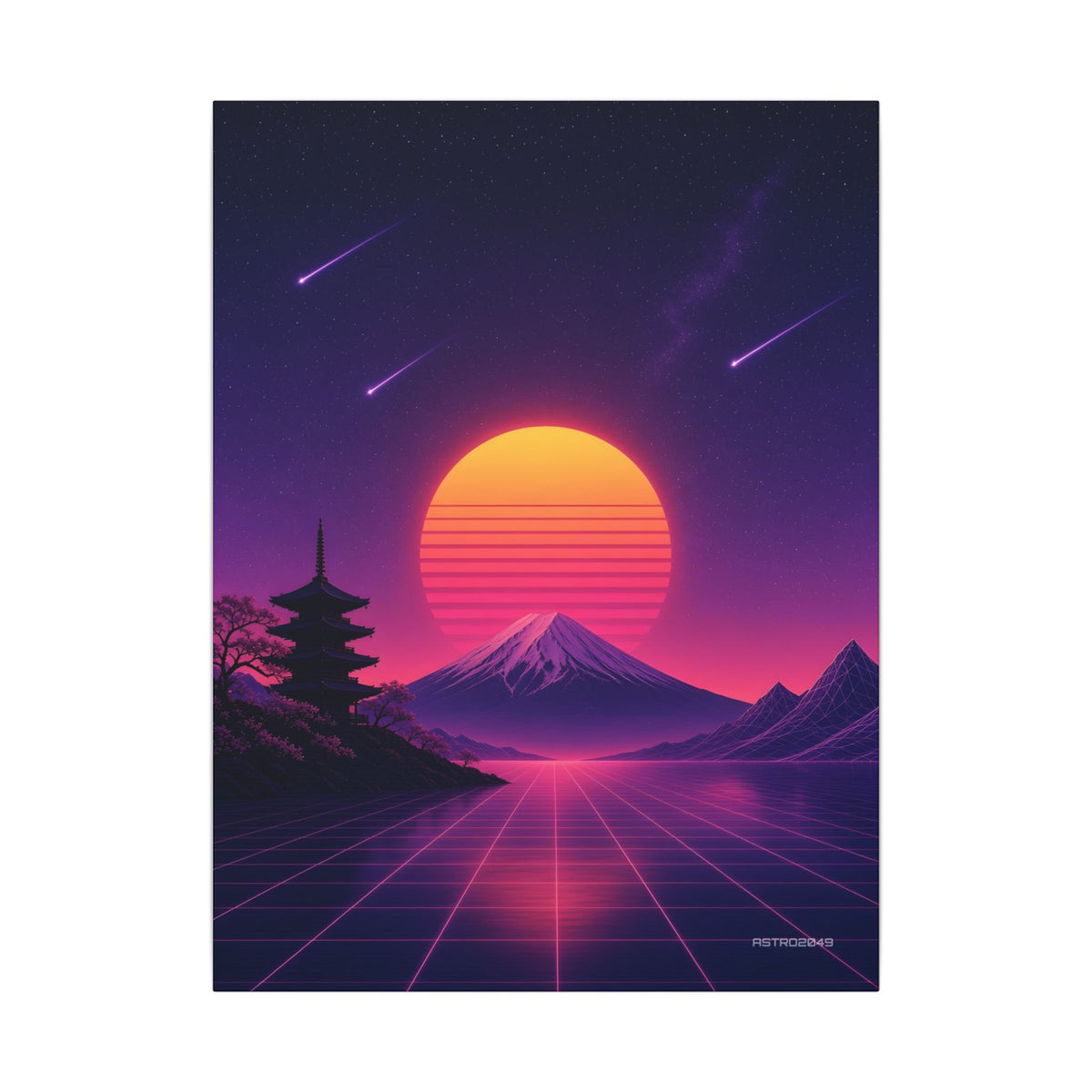 Sunset Pagoda Grid canvas print, 18 x 24 in – a striped synthwave sun over a volcano and a pagoda, original retrowave art by ASTRO2049