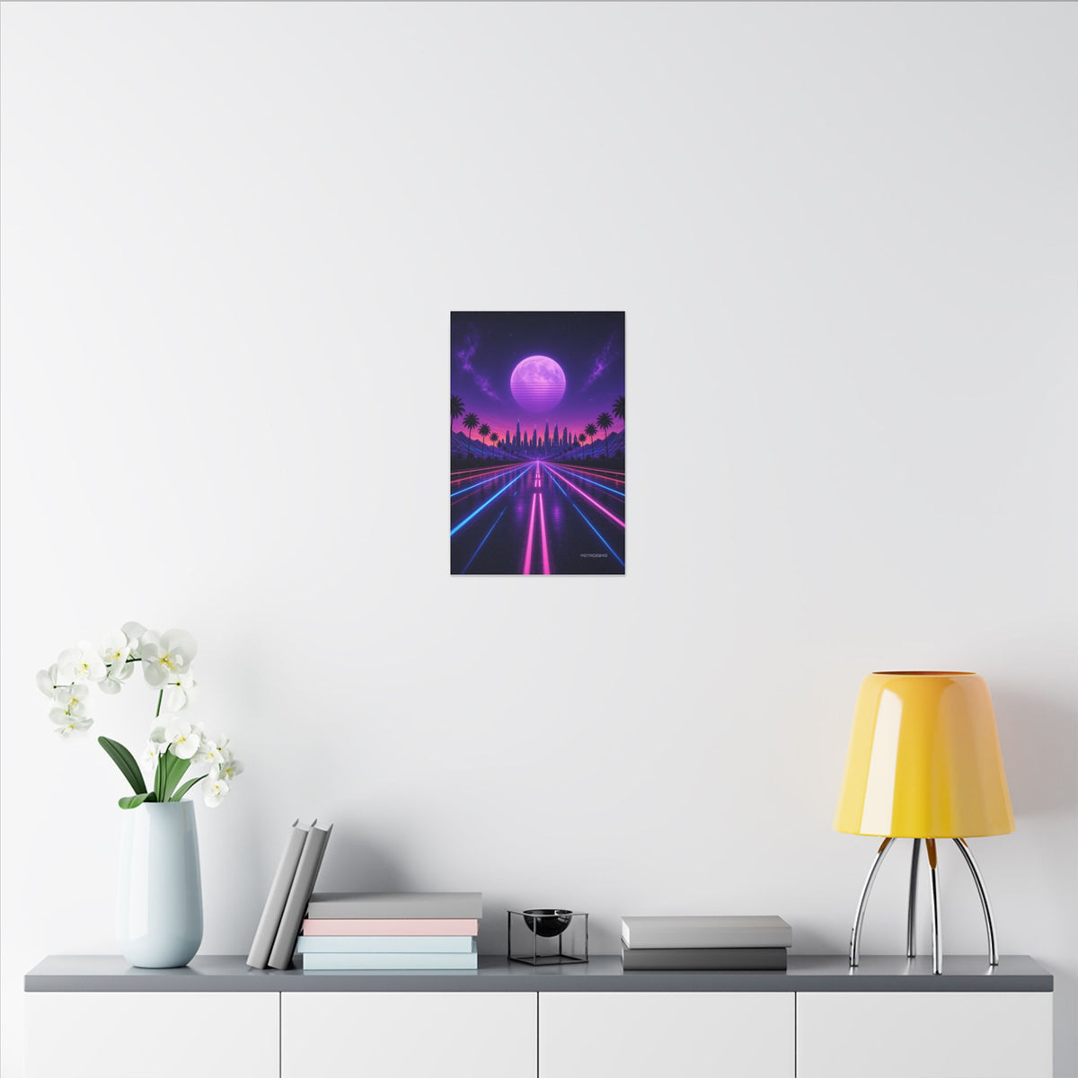 Night Drive 2049 canvas hanging above a dark gaming desk with neon lighting, view 8 of 8