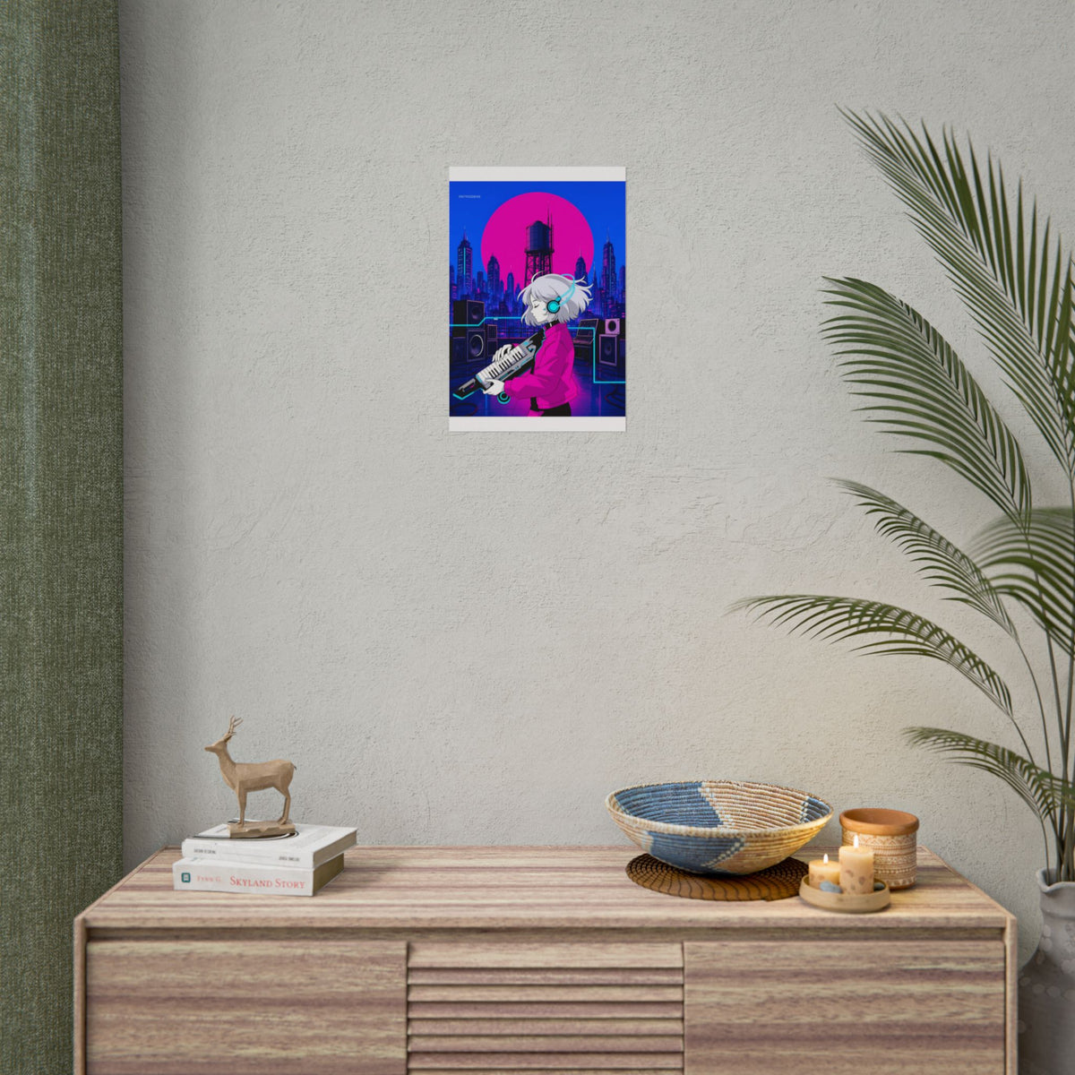Lumi Keytar Signal poster hanging above a dark gaming desk with neon lighting, view 5 of 8