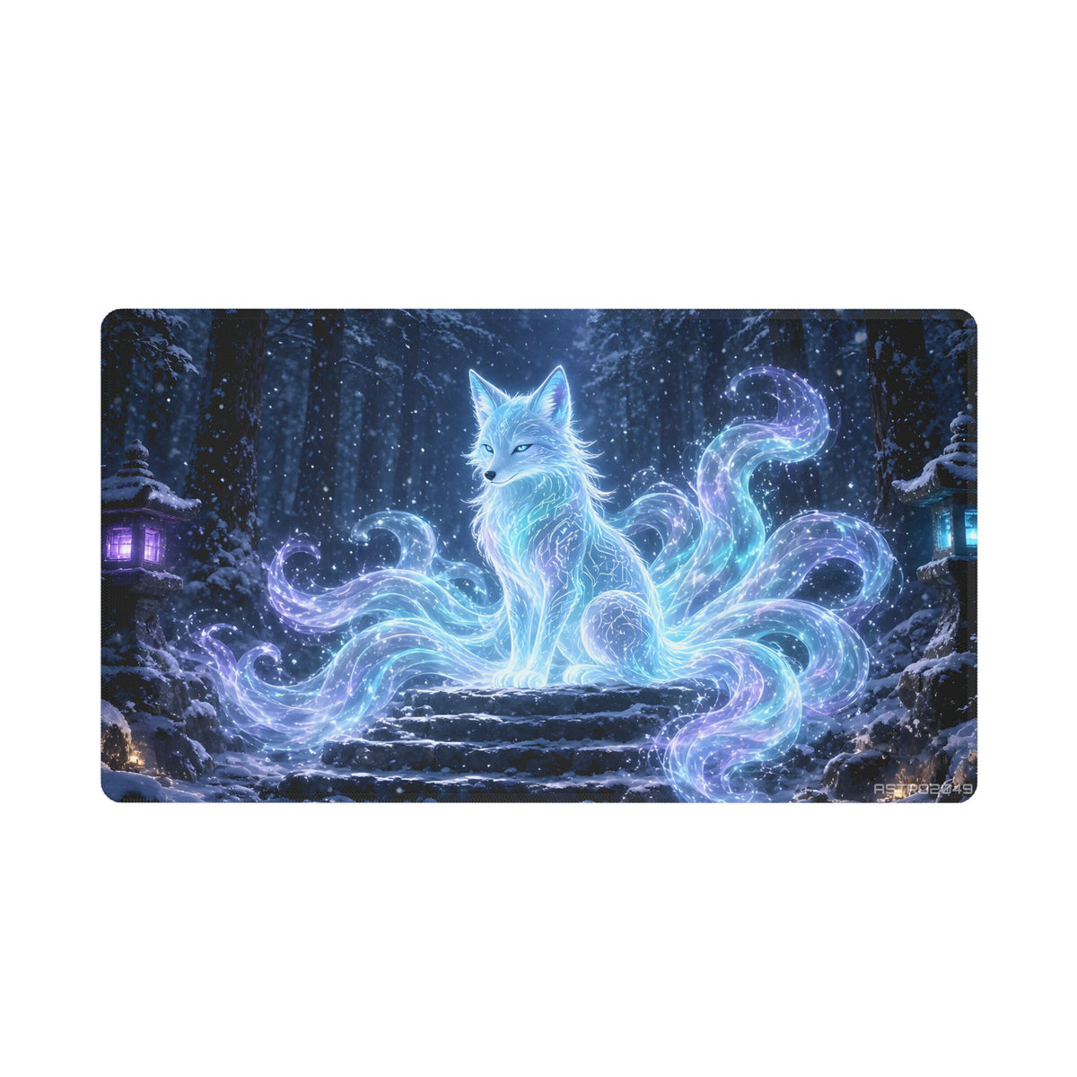 Glowing white and teal nine-tailed fox spirit on snowy shrine steps between violet and cyan stone lanterns at night, desk mat by ASTRO2049