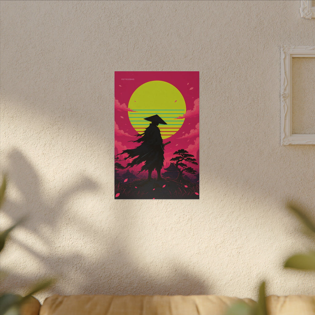 Retrowave Sun Ronin canvas hanging above a dark gaming desk with neon lighting, view 7 of 8