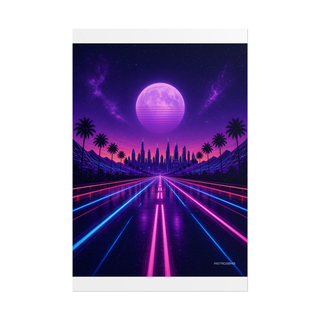 Vertical retrowave art of a neon highway leading to a city skyline under a large striped purple moon, poster by ASTRO2049