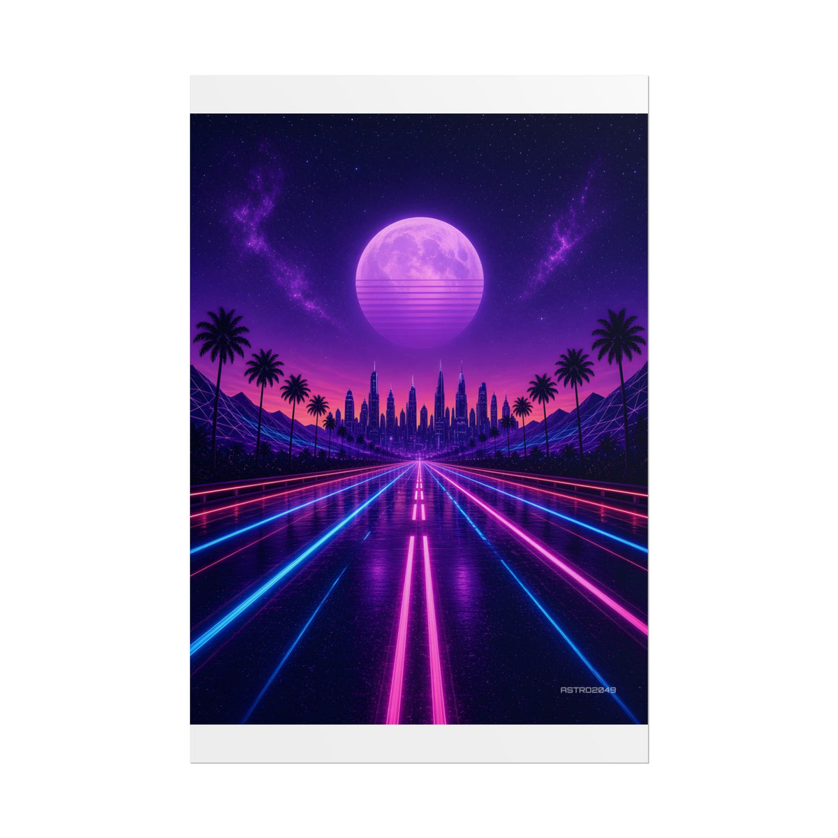 Vertical retrowave art of a neon highway leading to a city skyline under a large striped purple moon, poster by ASTRO2049