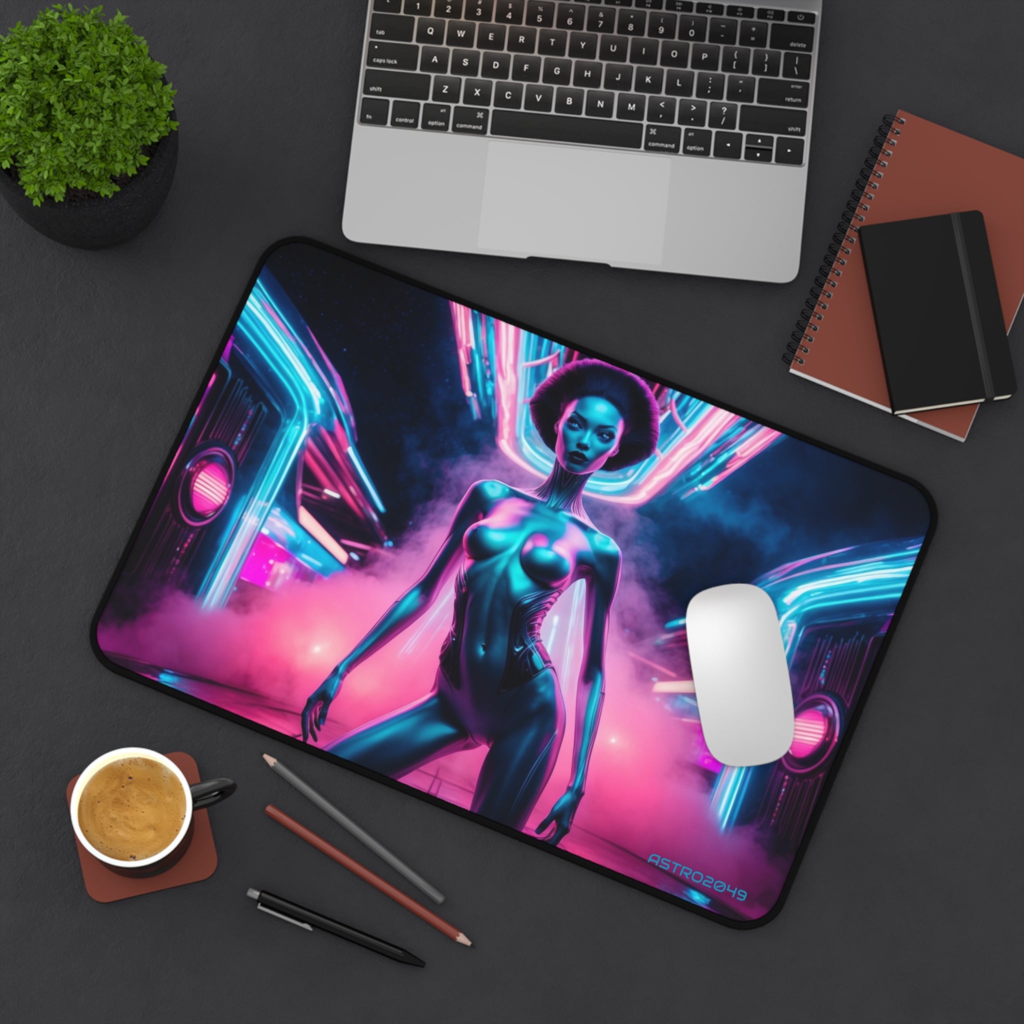CYBERPUNK -ALIEN - Futuristic Alien Desk Mat, Cyberpunk Office Decor, Gaming Mouse Pad, Neon Aesthetic Gift