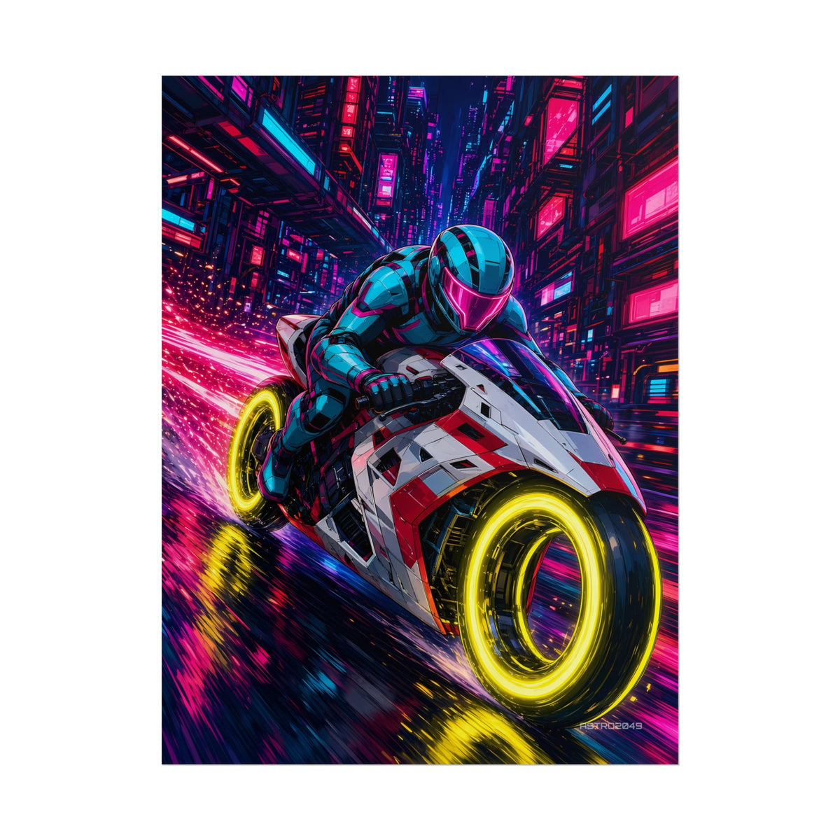 Hyperlane Rider poster hanging above a dark gaming desk with neon lighting, view 2 of 8