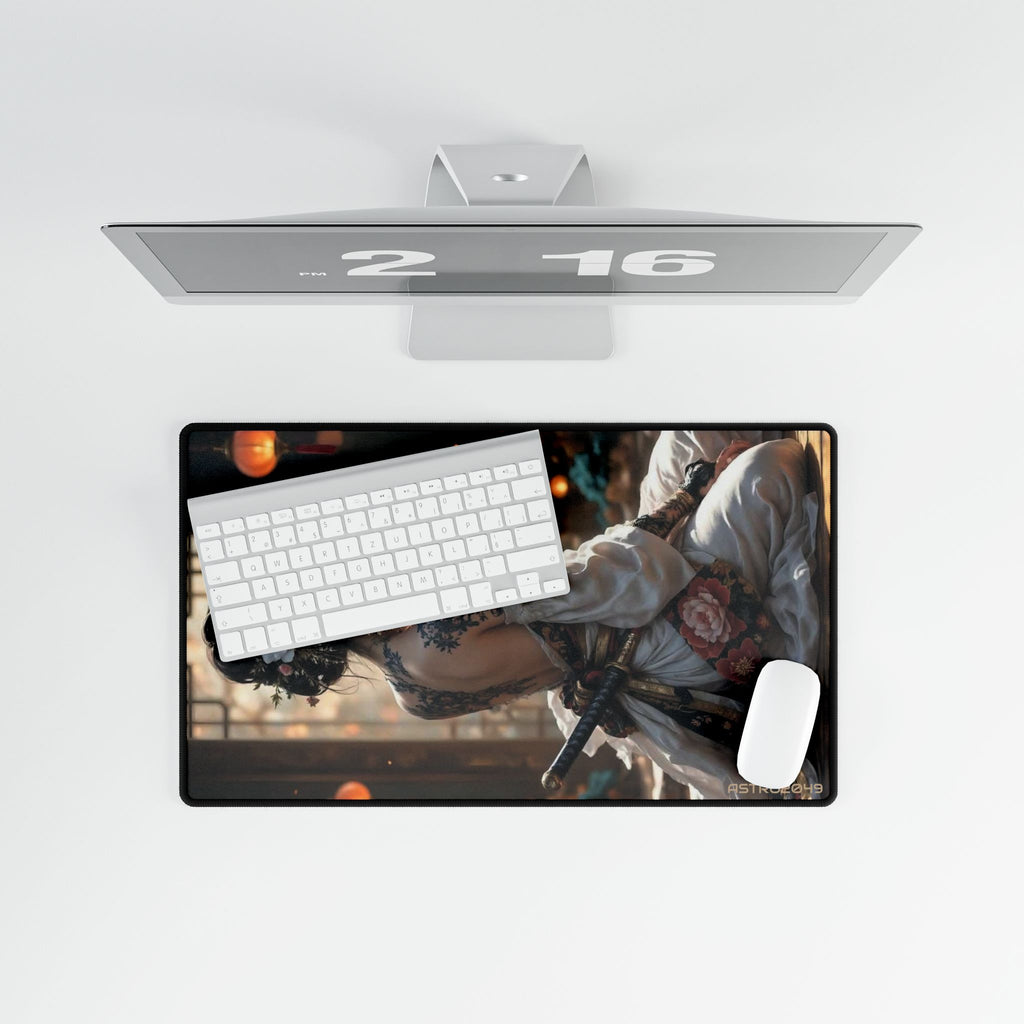 Lantern Dojo Geisha desk mat on a desk with keyboard and mouse, view 9 of 9