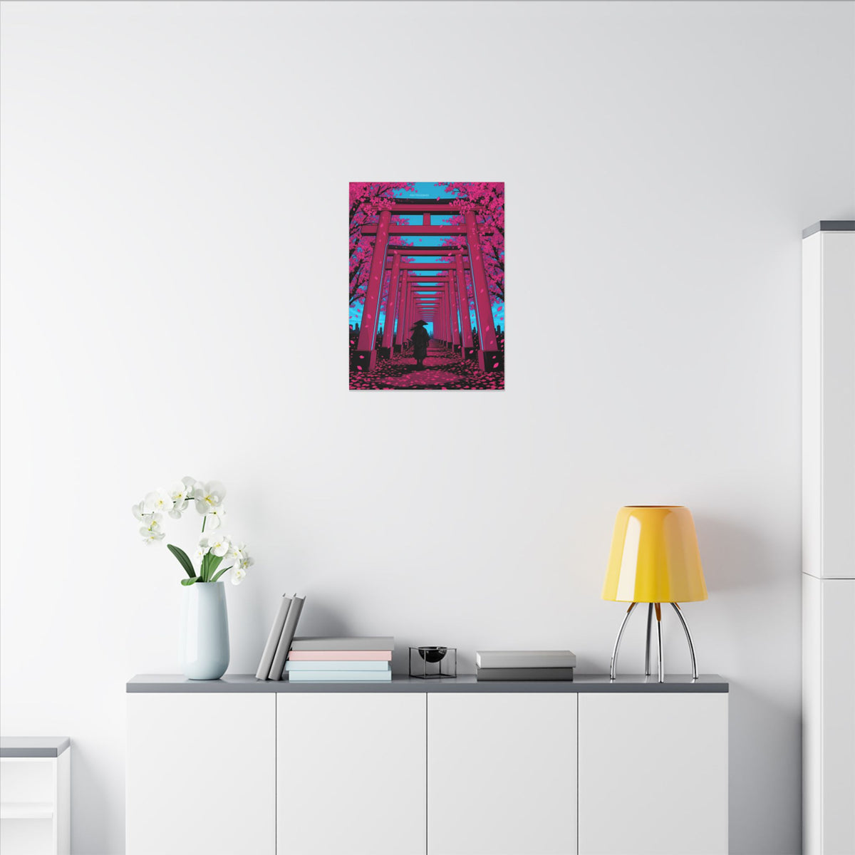 Torii Tunnel Samurai canvas hanging above a dark gaming desk with neon lighting, view 5 of 8