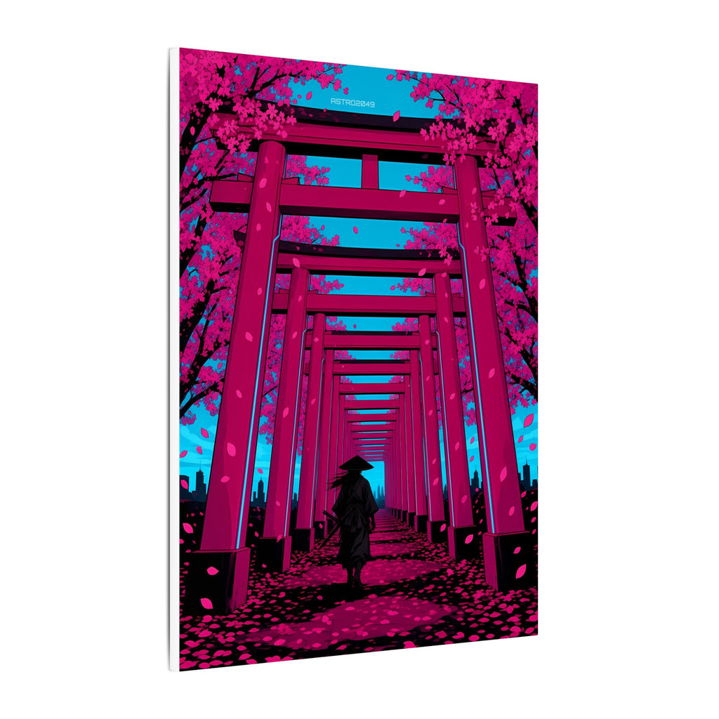 Torii Tunnel Samurai canvas hanging above a dark gaming desk with neon lighting, view 3 of 8