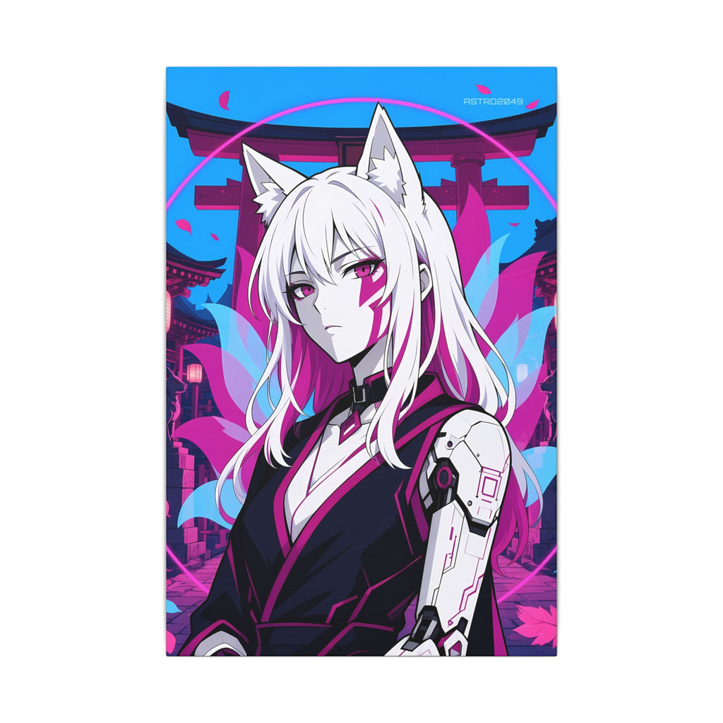 Cyber Kitsune Guardian canvas hanging above a dark gaming desk with neon lighting, view 2 of 8