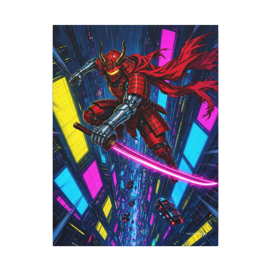 Vertical anime-style art of a red-armoured cyber samurai with a glowing katana leaping over neon skyscrapers, canvas by ASTRO2049