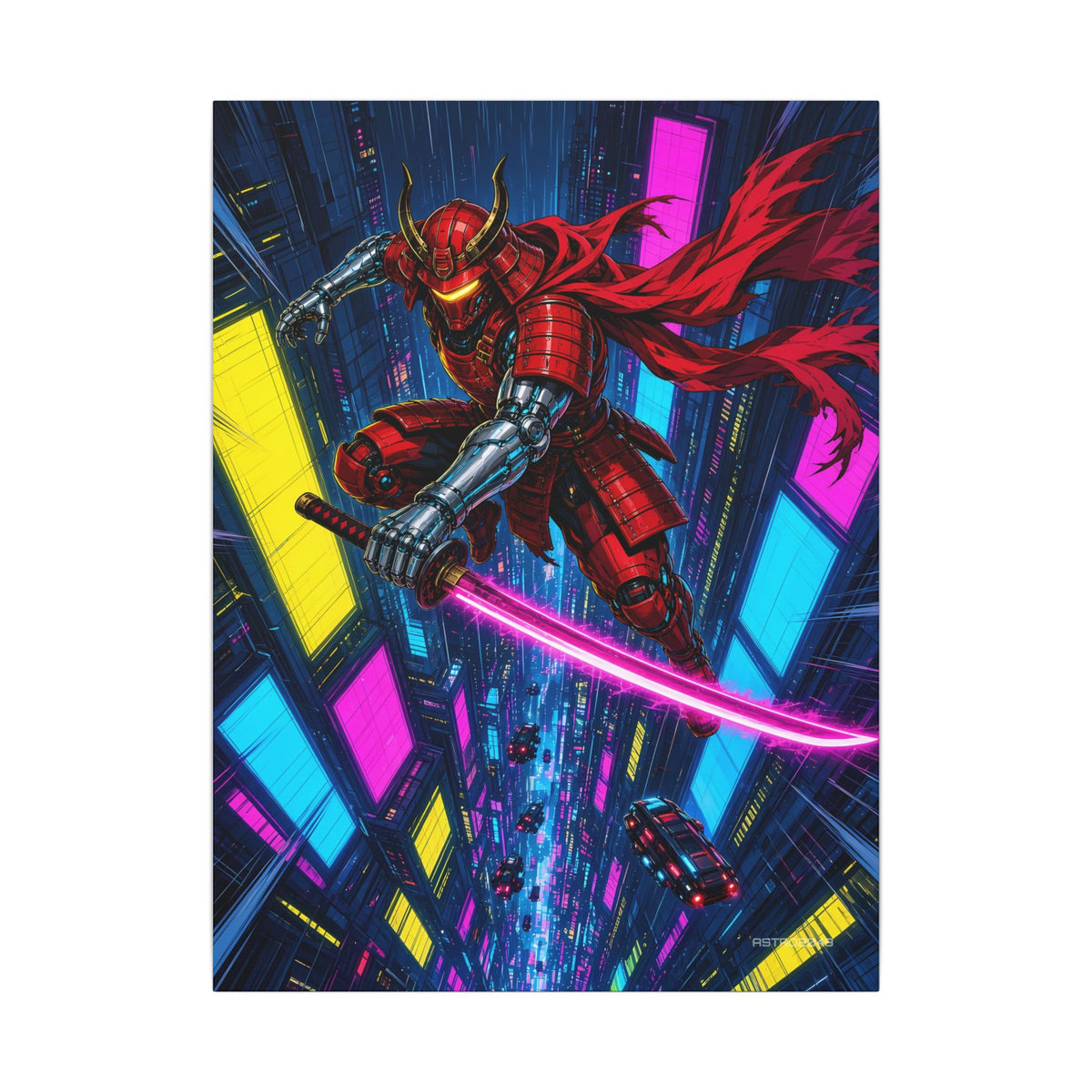 Vertical anime-style art of a red-armoured cyber samurai with a glowing katana leaping over neon skyscrapers, canvas by ASTRO2049