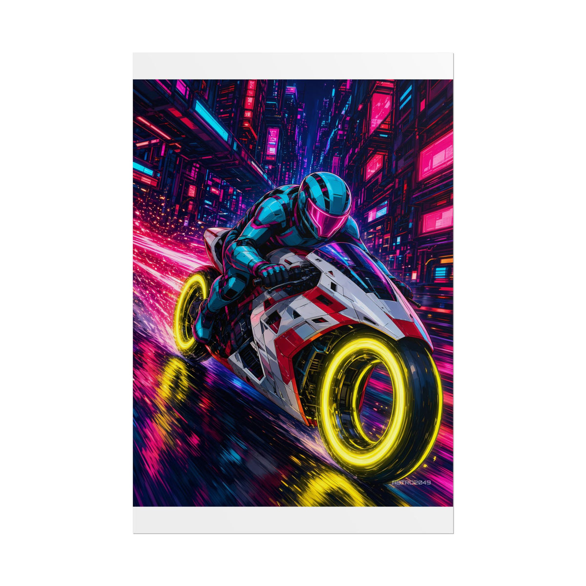 Vertical anime-style art of a helmeted rider on a futuristic bike with glowing yellow wheels speeding toward the viewer between neon towers, poster by ASTRO2049