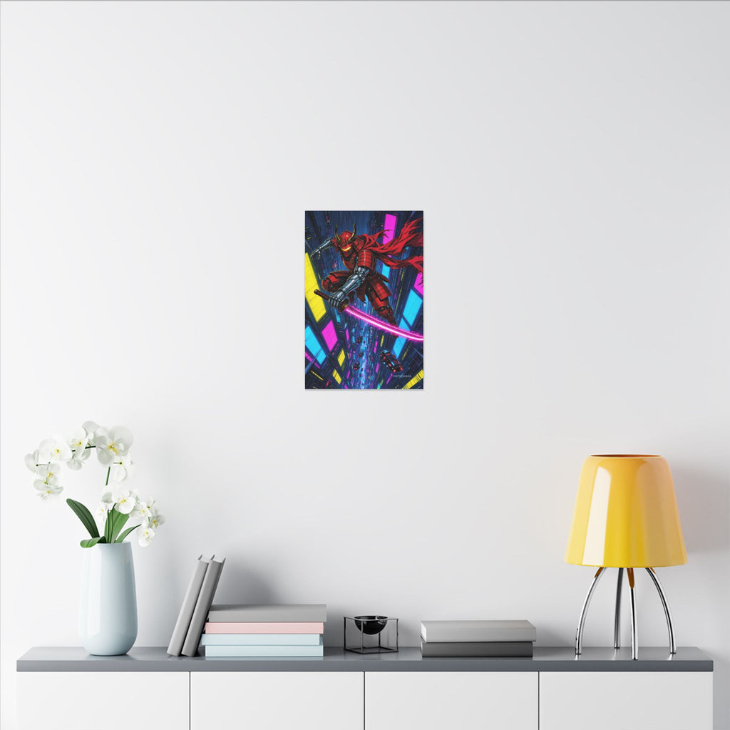 Skyfall Chrome Samurai canvas hanging above a dark gaming desk with neon lighting, view 8 of 8