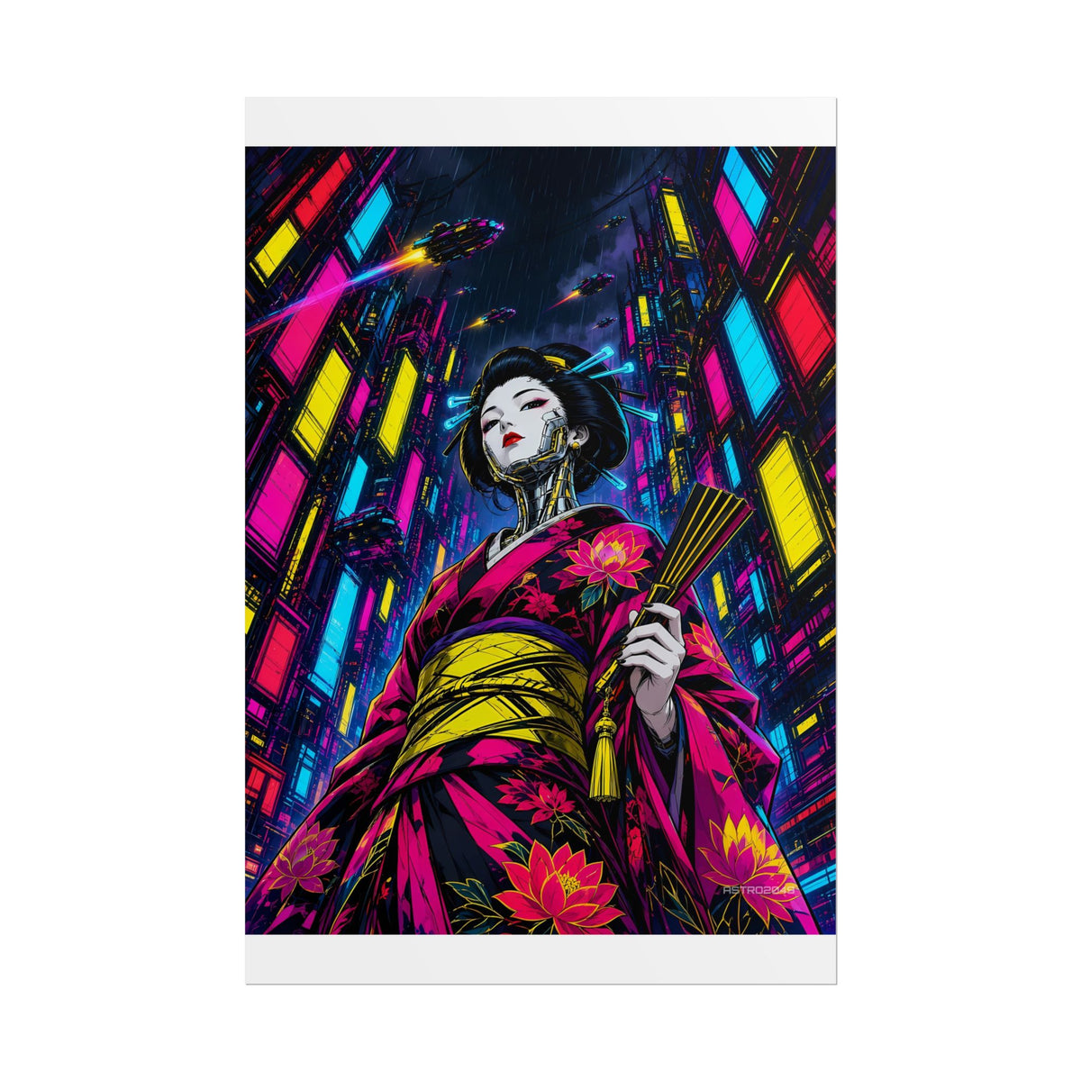 Vertical anime-style art of a cyborg geisha in a magenta kimono seen from below, neon skyscrapers rising behind her, poster by ASTRO2049