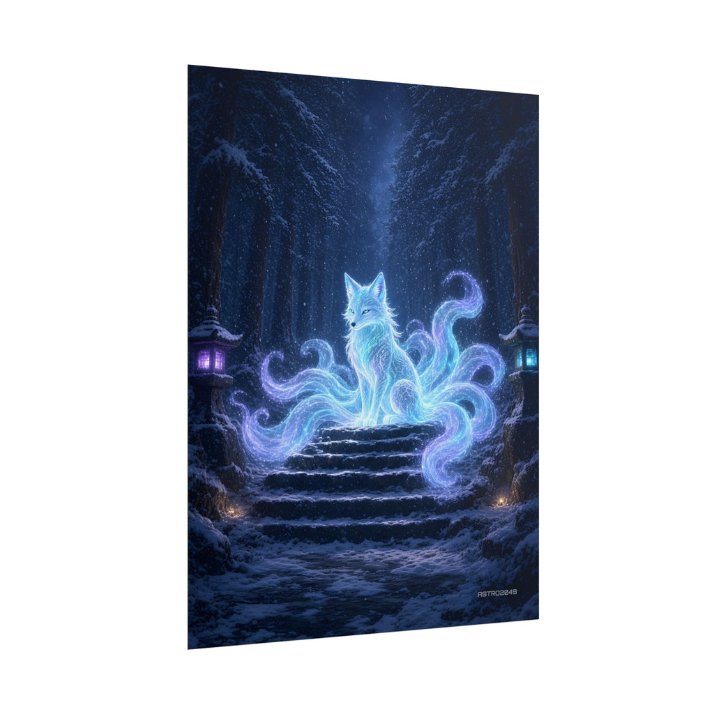 Snow Shrine Kitsune poster hanging above a dark gaming desk with neon lighting, view 7 of 8