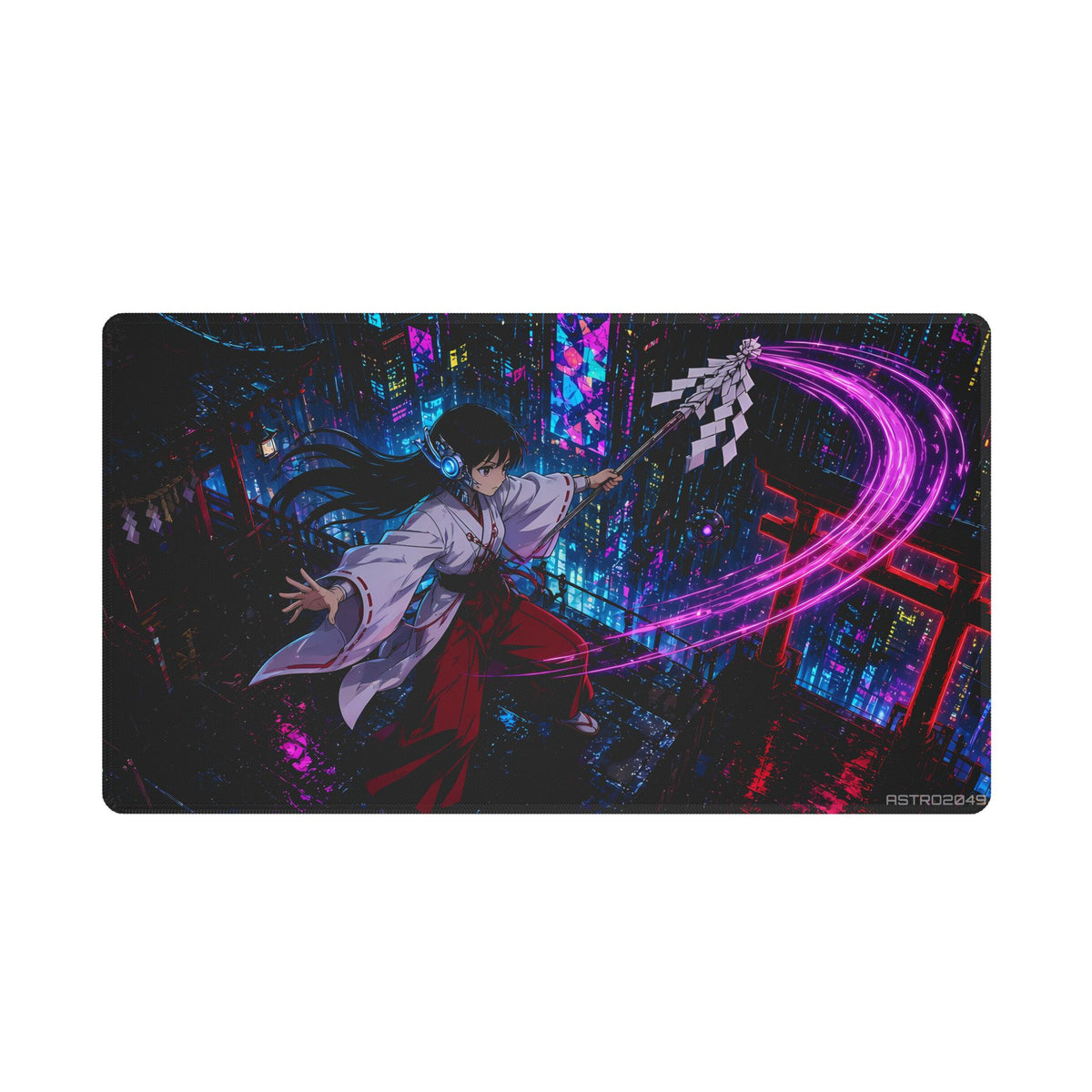 Anime-style shrine maiden in white robe and red hakama with cyan cybernetic ear implants swinging a staff with glowing magenta streamers by a red gate on a rooftop shrine above a rainy neon city, desk mat by ASTRO2049
