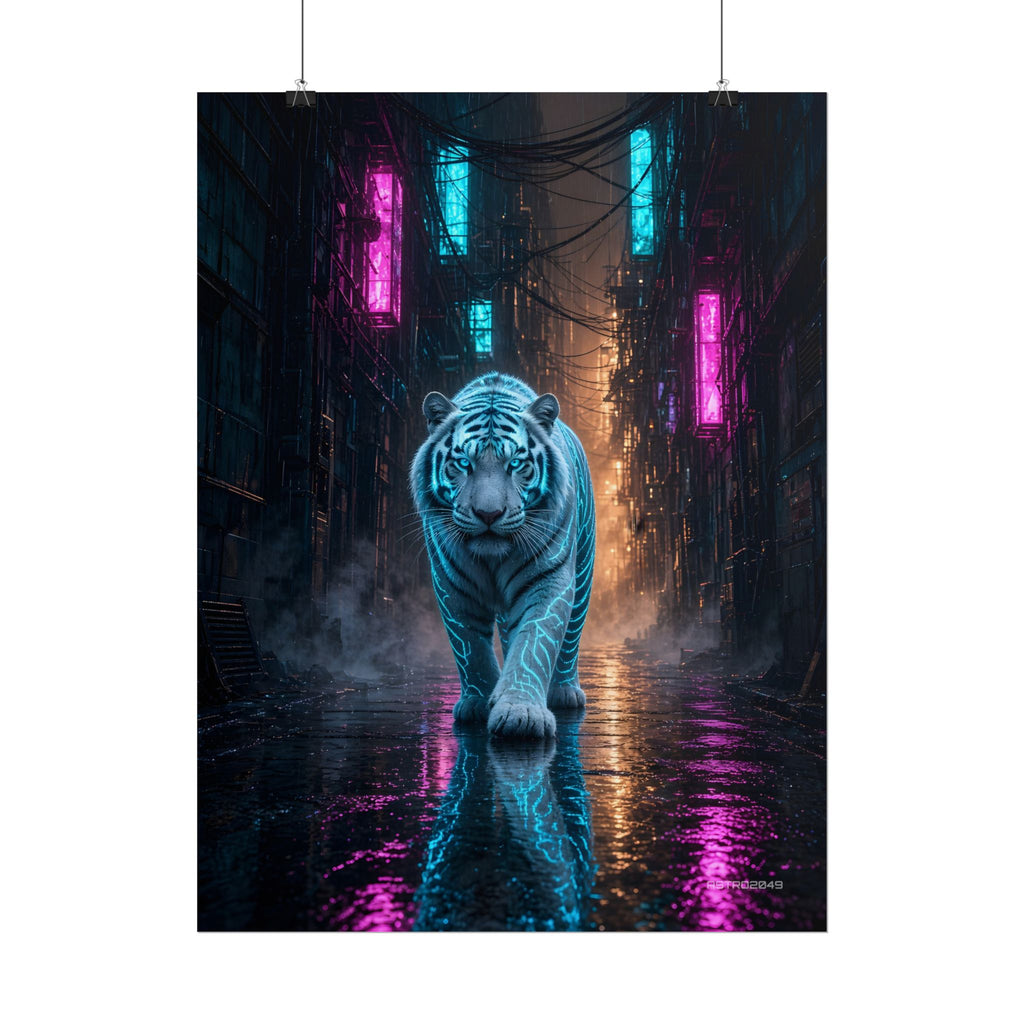 Rain Alley Tiger poster hanging above a dark gaming desk with neon lighting, view 6 of 8