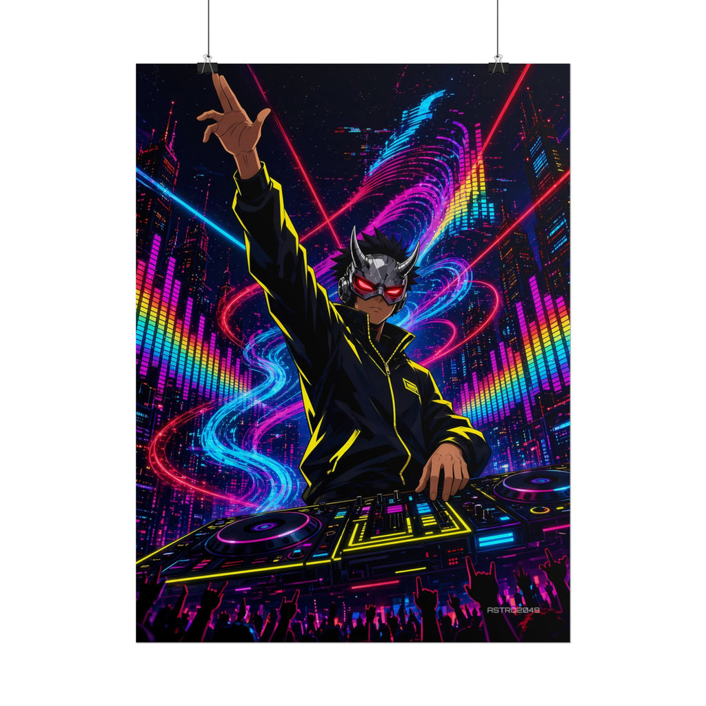 Bassline Oni DJ poster hanging above a dark gaming desk with neon lighting, view 6 of 8