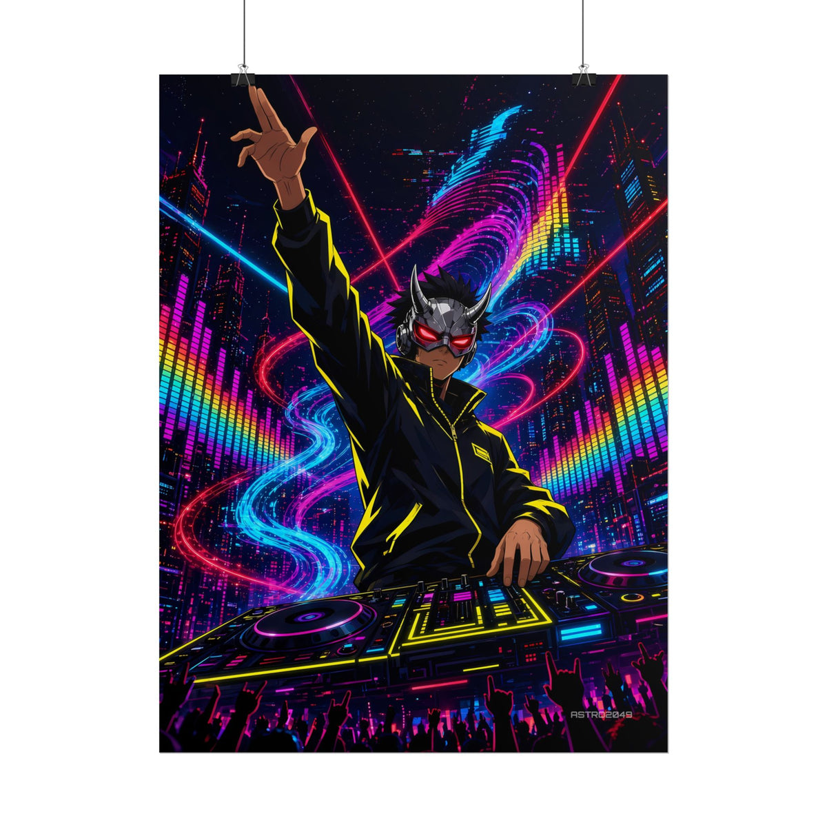 Bassline Oni DJ poster hanging above a dark gaming desk with neon lighting, view 6 of 8