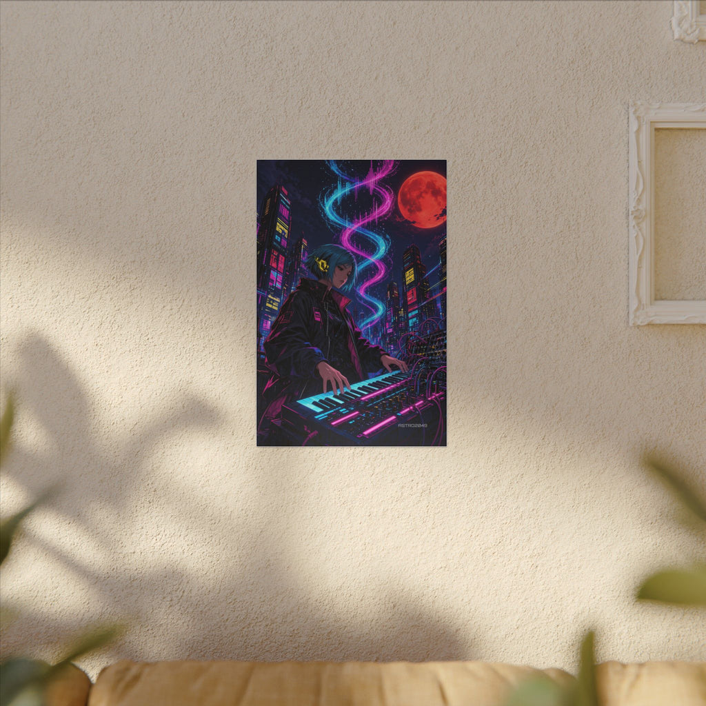 Rooftop Synth Runner canvas hanging above a dark gaming desk with neon lighting, view 7 of 8