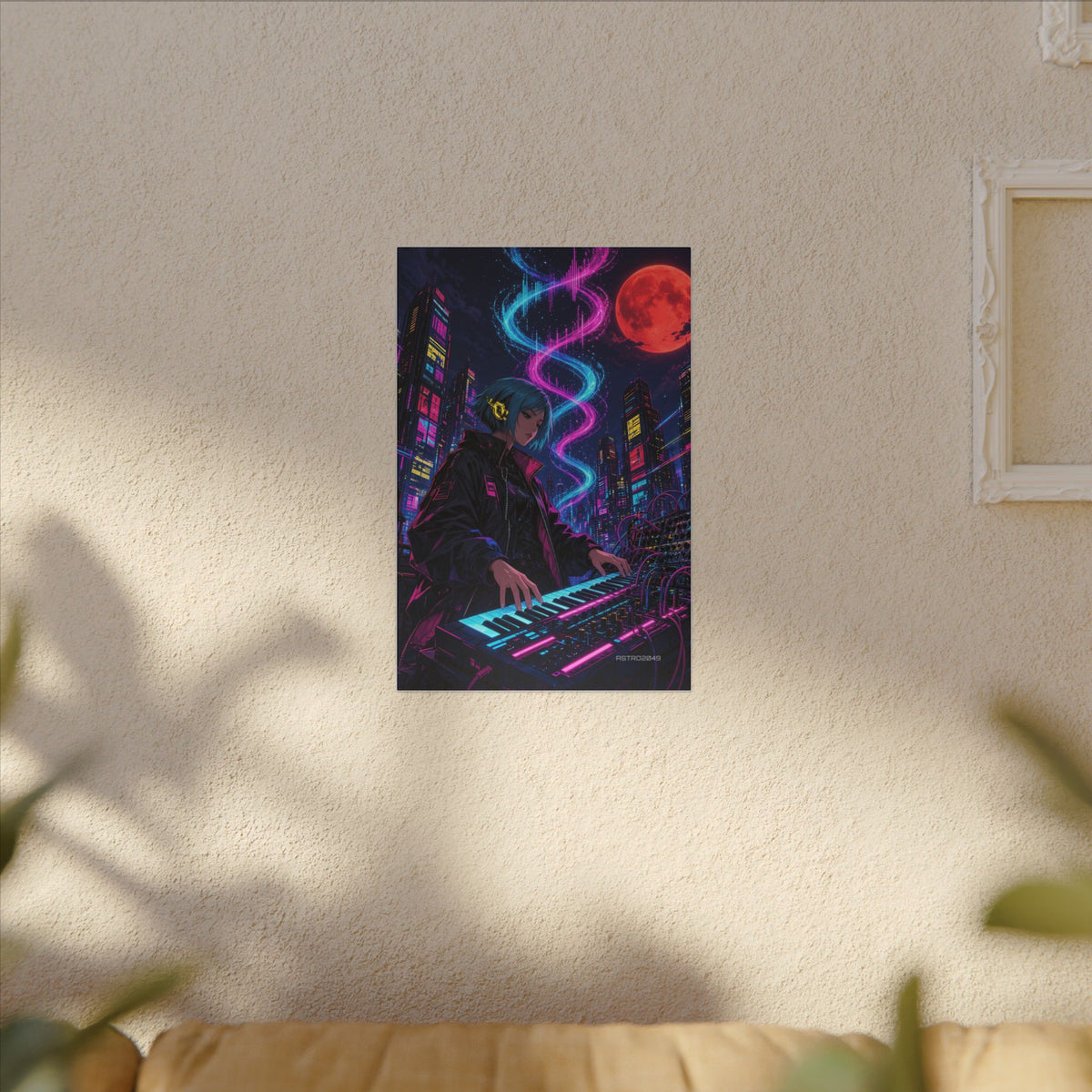 Rooftop Synth Runner canvas hanging above a dark gaming desk with neon lighting, view 7 of 8